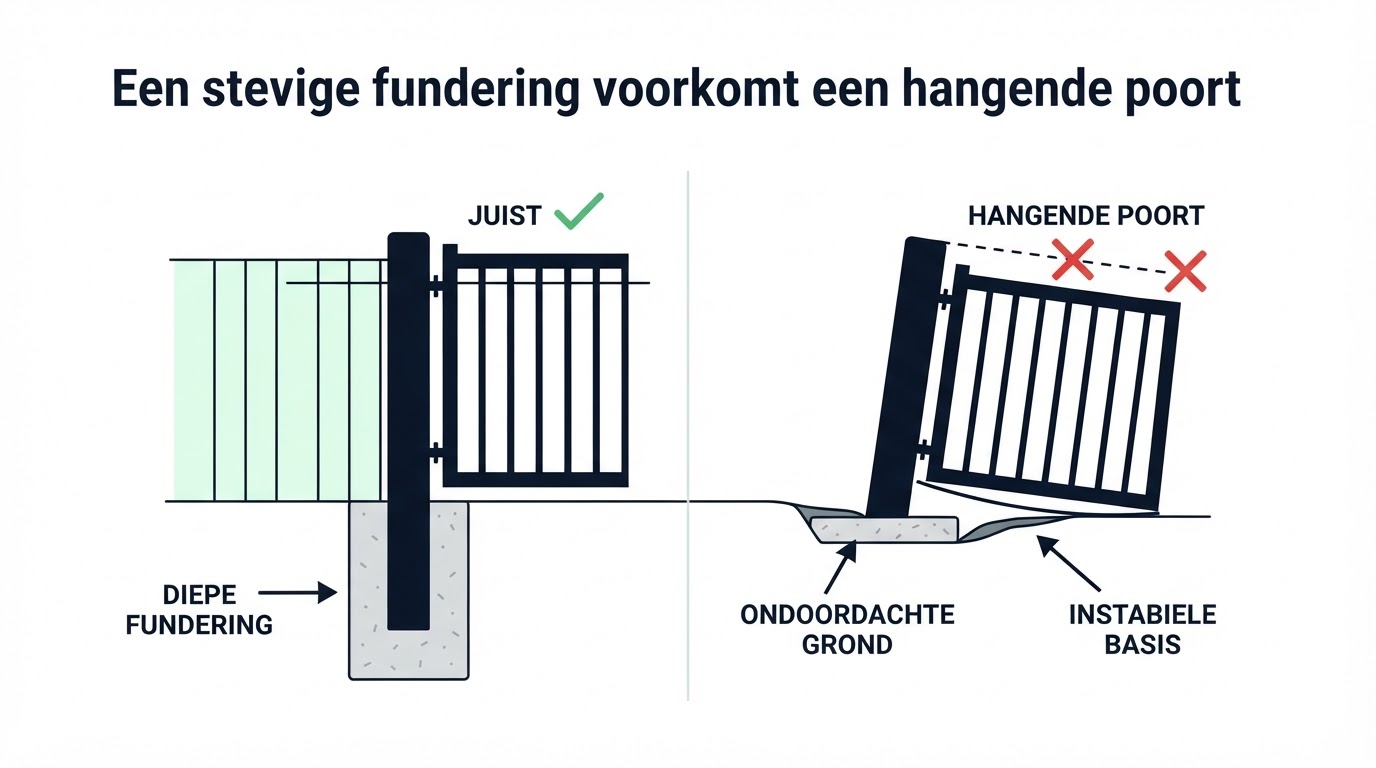 Een stevige fundering voorkomt een hangende poort